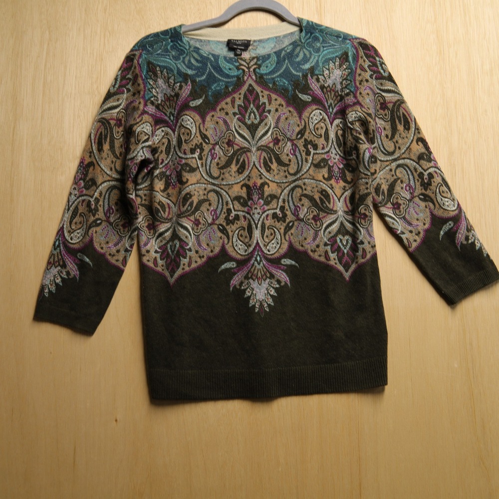 Talbots Petite Pure Cashmere Paisley Sweater Olive Teal Magenta MP